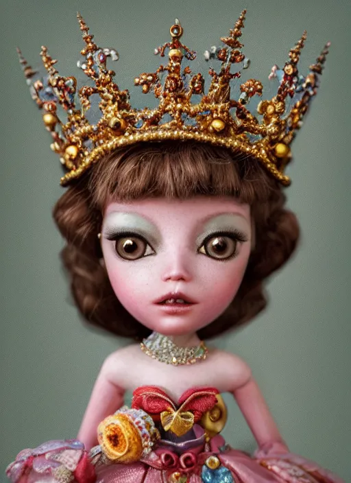 Image similar to closeup portrait of tin toy fairytale princess wearing a crown, depth of field, zeiss lens, detailed, symmetrical, centered, fashion photoshoot, by nicoletta ceccoli, mark ryden, lostfish, breathtaking, 8 k resolution, extremely detailed, beautiful, establishing shot, artistic, hyperrealistic, octane render