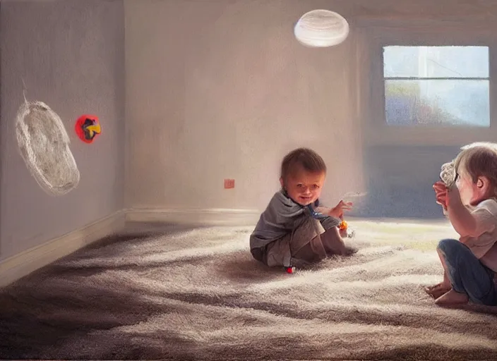 Prompt: toddler elon musk sitting on a shaggy rug playing with his little rockets, bedroom, realistic painting, beautiful soft lighting, istvan sandorfi