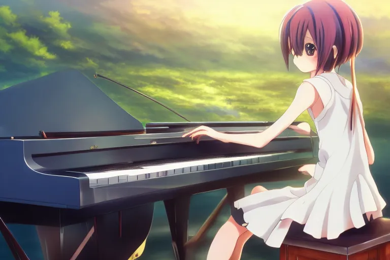 Prompt: Anime girl! playing piano! on blue water, far away, landscape, scenery, green eyes, Cushart Krenz, Shinkai Makoto, by Lluluchwan, lots of details, highly detailed, 4k, detailed body