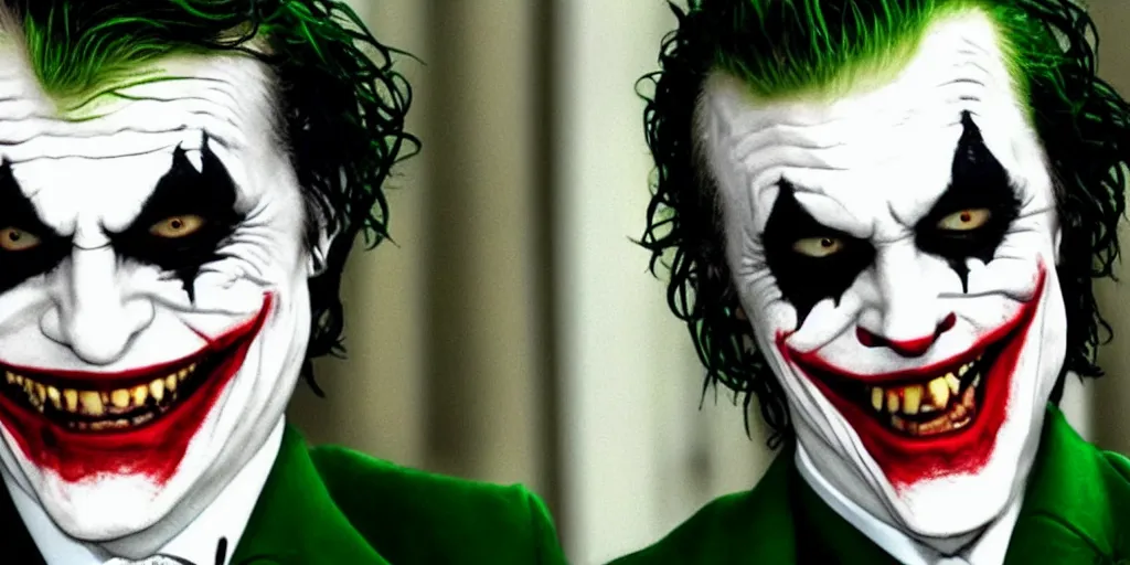Image similar to joker wearing a suit style, photograph, grinning, creepy,