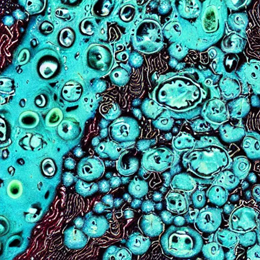 Prompt: pseudomonas aeruginosa, the bacterial god of death and pestilence. flagellated blue green cyan transparent bacterial monster covered in needle cannon type - iii secretion systems injecting toxins into human cells and multi - drug efflux pumps. fantastic detail. close up microscopy. false color. perfect composition.