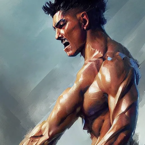 Prompt: young warrior marching toward the viewer, male, muscular, blue eyes!!!!, straight nose!!!, detailed face, exposed thighs!!!, highly detailed, painting by greg rutkowski