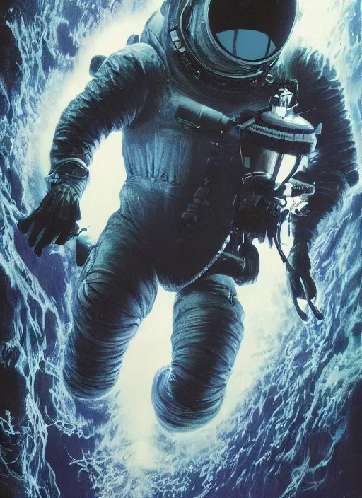 Image similar to astronauts in dark void underwater - complex and hyperdetailed technical suit. reflection and dispersion materials. rays and dispersion of light. volumetric light. f / 3 2. noise film photo. flash photography. ultra realistic, wide angle. poster by wayne barlowe, hajime sorayama aaron horkey, craig mullins