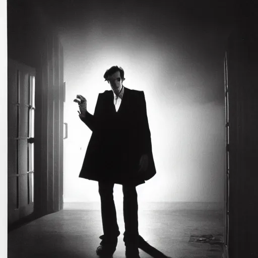 Image similar to a long shot, black & white studio photographic portrait of doctor who, dramatic backlighting, 1 9 7 3 photo from life magazine, color