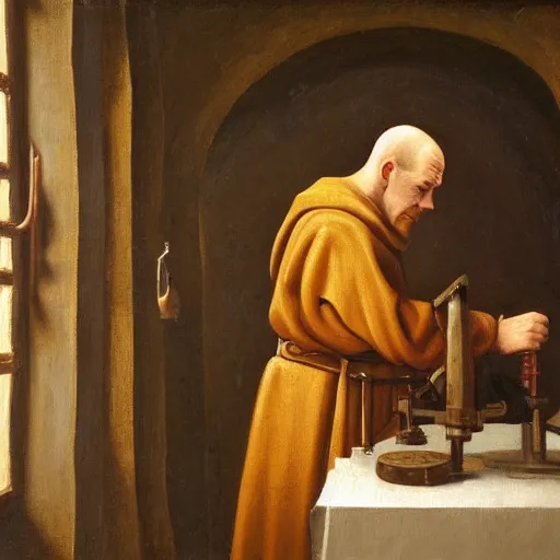 Prompt: medieval monk maintaining an extremely complex mechanical clock, oil painting, warm lighting