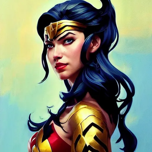 Image similar to greg manchess portrait painting of wonderwoman as overwatch character, medium shot, asymmetrical, profile picture, organic painting, sunny day, matte painting, bold shapes, hard edges, street art, trending on artstation, by huang guangjian and gil elvgren and sachin teng