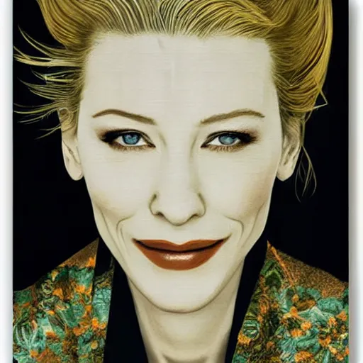 Image similar to portrait of cate blanchett ,japanese wood print