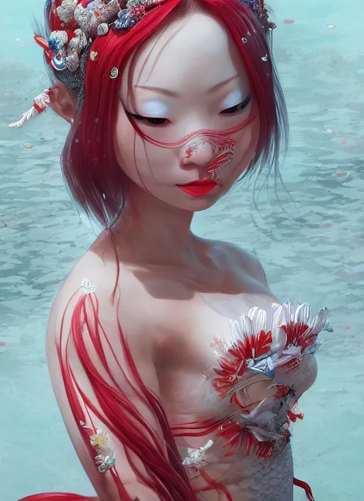 Image similar to albino maiko as a mermaid, fluent composition, red and white neon, concept art, ambient light, 4 k, intricate details, highly professionally detailed, cgsociety, highly detailed -