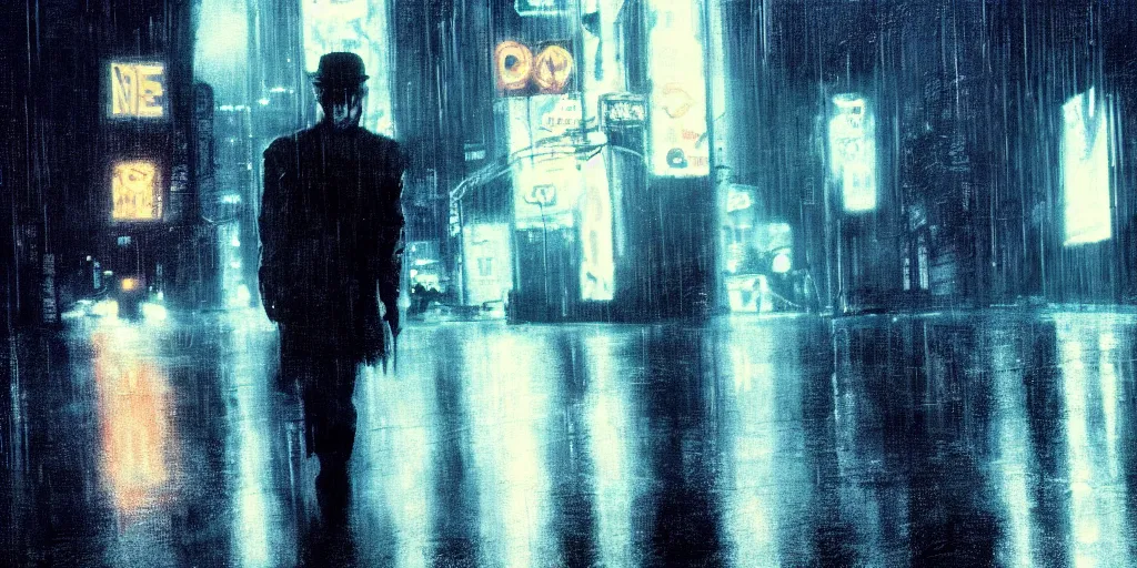 Image similar to clint eastwood, close look, in blade runner posing on a neon rainy vague street in headlights, movie shot, photo realism, detailed