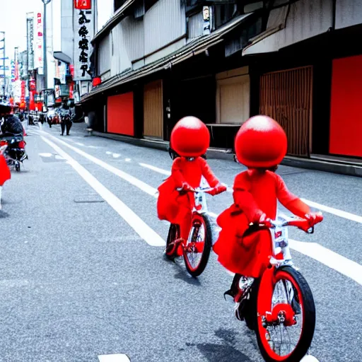 Image similar to tiny cute red dragons riding a bike in the streets of tokyo