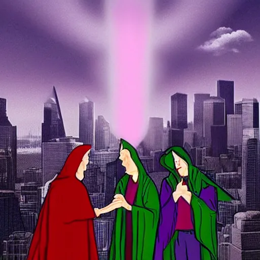 Image similar to red-hooded magicians casting purple colored spells at 911 WTC Twin Towers, white glowing souls flying out of the towers into cosmic black hole sky, beautiful hyper realistic in the style of The Lord of the Rings