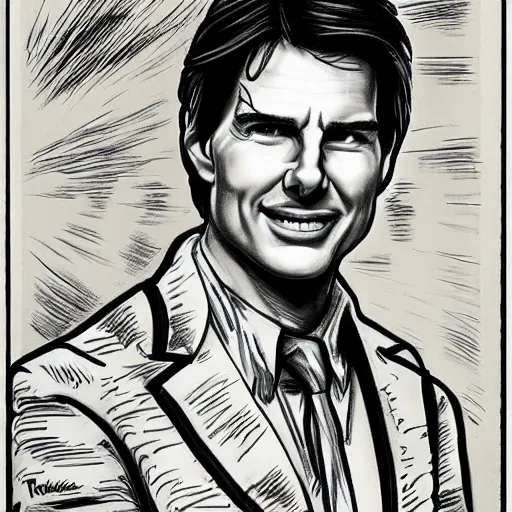 Image similar to a portrait drawing of Tom Cruise drawn by Robert Crumb