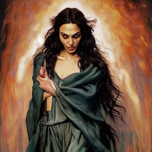 Image similar to Oil painting of the beautiful woman Gal Gadot, she is wearing some withe old cloths and a surreal ornate, her hair is natural disheveled, naturalism, dramatic lighting, high-detailed oil painting by Ilya Repin, Michelangelo da Caravaggio, William Blake, Alex Grey and Beksinski, trending on Artsatio, masterpiece, 4k, 8k,