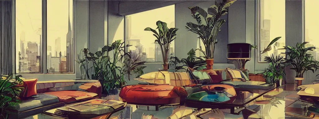 Prompt: concept art, retro - futurist penthouse, reflections, night lighting, designer furniture, high ceiling, 6 0 s colour palette, plants, flowers, floor lamps, multi - level, soft lighting, city view, bladerunner, james jean, syd mead, akihiko yoshida, cinematic