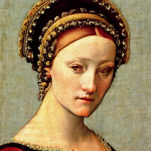 Prompt: Portrait close up of a beautiful Italian duchess in the style of Francesco Bacchiacca (1494-1557), Pontormo, oil on canvas