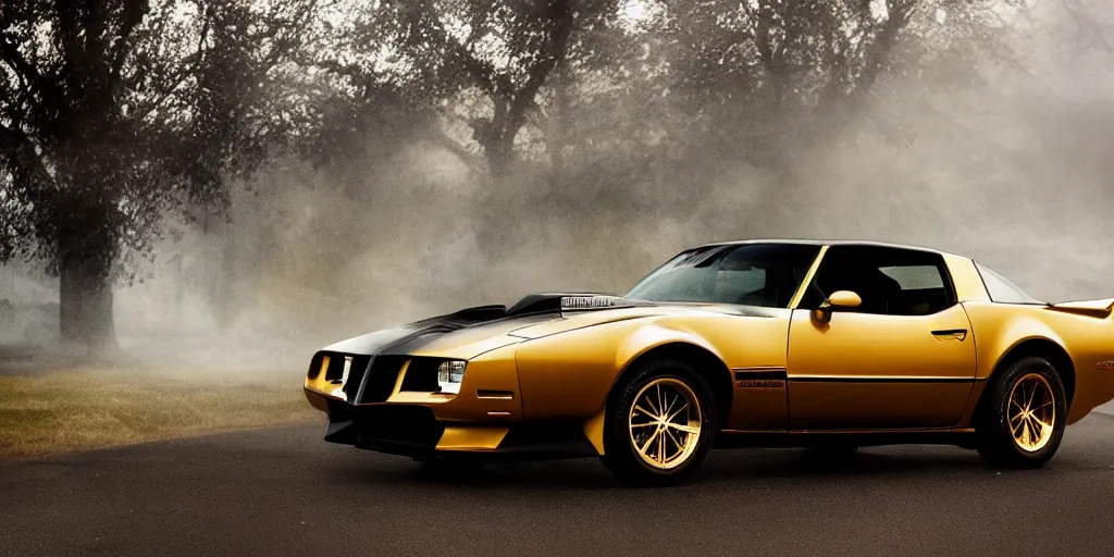 Prompt: parked black Pontiac Firebird Trans Am from Knight Rider, fog, rain, volumetric lighting, beautiful, golden hour, sharp focus, ultra detailed, cgsociety