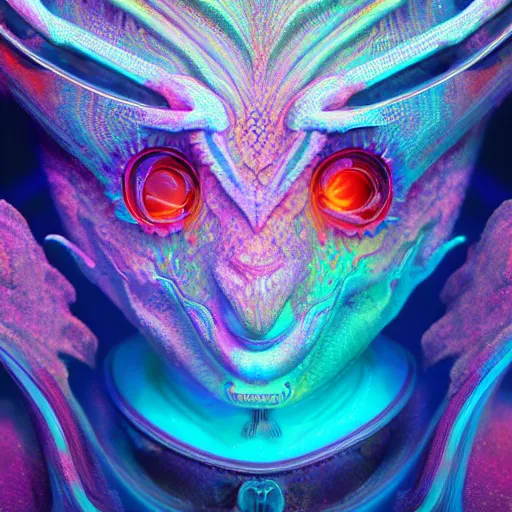 Image similar to Face of a Alien Deity, corals, plume made of geometry, extremly detailed digital painting, sharp focus in the style of android jones, artwork of a futuristic artificial intelligence superstar, mystical colors, rim light, beautiful lighting, 8k, stunning scene, raytracing, octane, under water visual distortion, dark tones colors, trending on artstation