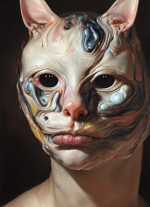 Image similar to strange, looming head, biomorphic painting of a woman cat hybrid by jenny saville and charlie immer, rachel ruysch, highly detailed, emotionally evoking, head in focus, volumetric lighting, melting, drippy oil painting,