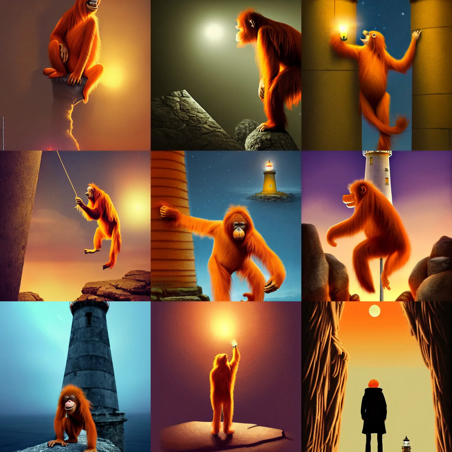 Prompt: realistic image of a orange orangutan weared in coat climbing on lighthouse as tree, light blonde shoulder - length hair, full body, stand on stone floor, under the lighting torch, fantasy dungeon, by ilya kuvshinov