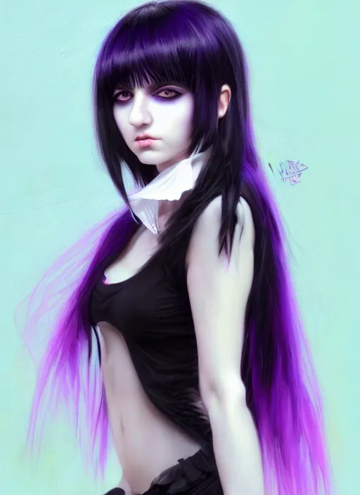 Image similar to hair blackbangs hair, white cyberlox, portrait of normal teenage girl, normal face, black bangs, messy bangs, fluffy bangs, cyberlox, whitebangs, red contact lenses, purple background, intricate, elegant, highly detailed, digital painting, artstation, concept art, sharp focus, smooth, illustration, art by wlop, mars ravelo and greg rutkowski