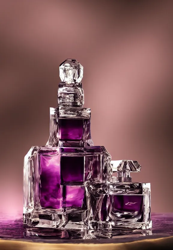 Image similar to close up shot of one premium perfume bottle containing purple liquid, the bottle is placed on a table, the bottle is in the middle of the scene ultra detail, commercial, designer product, cinematic lighting, hd artstation, symmetrical, rendered, 4k