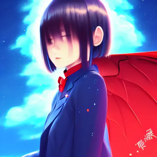 Prompt: giant droplets of water floating around rimuru tempest flying with bat wings in the sky, sky blue straight hair, bangs, with amber eyes, red tailcoat, high collar, ultra fine detail, dark theme, digital painting, psychedelic, cinematic, wlop, pixiv, ilya kuvshinov, ross tran