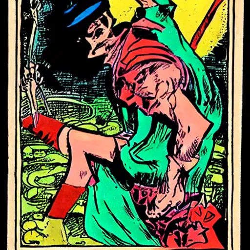 Image similar to the tarot card of the magician painted by will eisner.