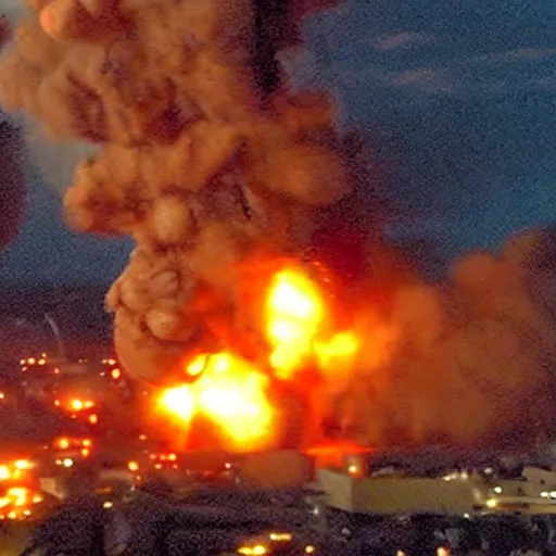 Image similar to bleve explosion, fireball, fireball explosion, 2 4 0 p footage, 2 0 0 6 youtube video, helicopter footage over city, gas station explosion