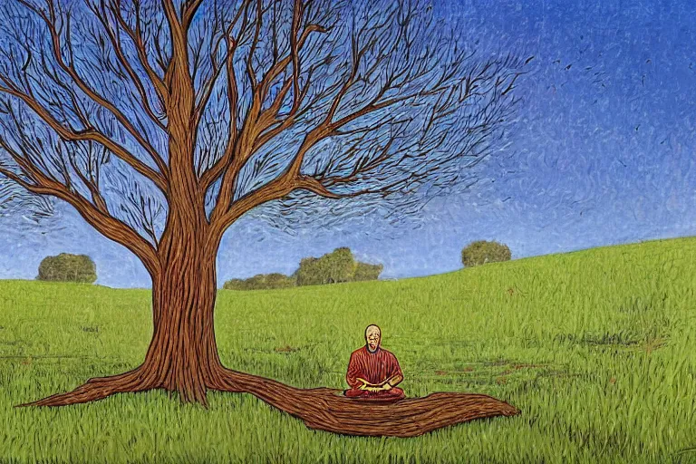 Prompt: a man meditating under a tree by alex gray,