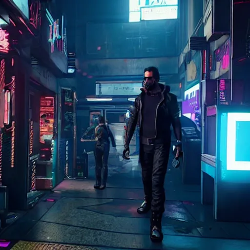 Image similar to photo of a Keanu Reaves in the Cyberpunk 2077 game