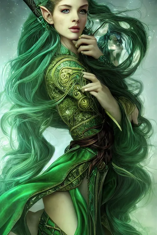Prompt: a muse of beauty, Elf Queen Nissa Genesis Mage, green eyes, long flowing braided hair, mostly green and leather robe armor, large magical staff, young female face, green magic, cinematic top lighting, insanely detailed and intricate, face by wlop, Charlie Bowater, design by Kelly McKernan, Peter Mohrbacher, Alphonse Mucha, golden ratio, symmetric, elegant, ornate, luxury, elite, matte painting, MTG, magic the gathering, cinematic, trending in artstation, pinterest, cgsociety, 8k, high resolution,