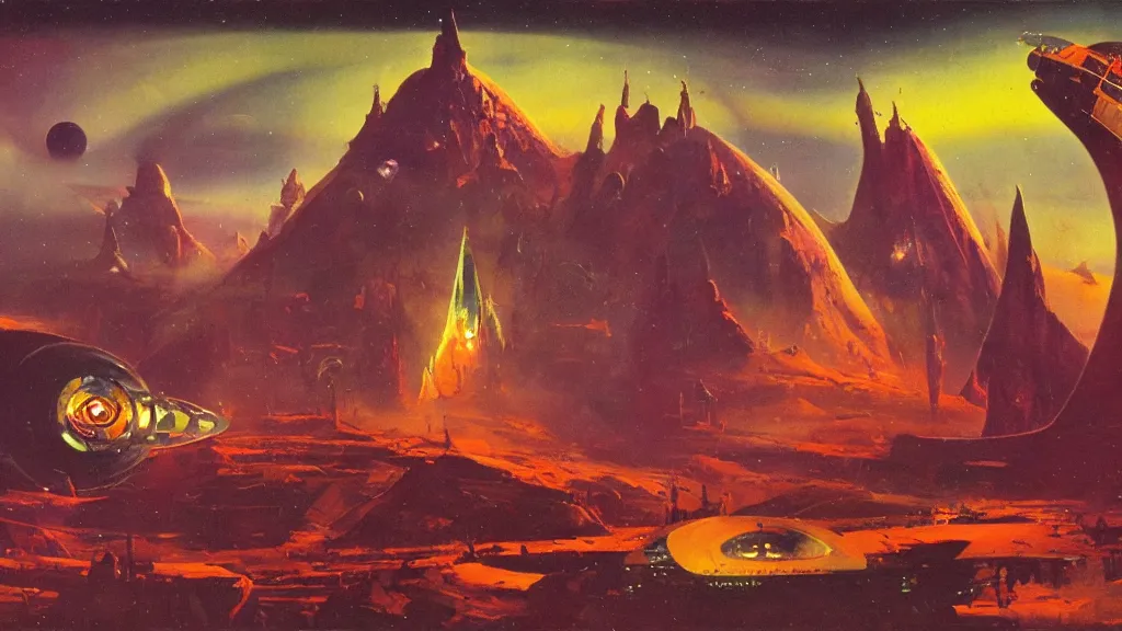 Image similar to spaceship design by paul lehr and jack gaughan and john schoenherr, epic cinematic matte painting