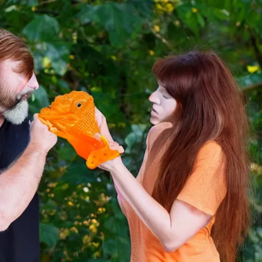 Prompt: a man gently slapping a woman in the face with a lizard. The man has a dark well groomed beard, the woman is attractive with straight red orange hair in the face with a lizard