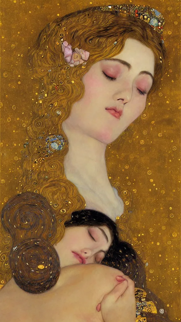 Image similar to a soft and breathtaking detailed painting of a sleeping blonde princess in the style of Gustav Klimt, , shiny gold, elegant, highly detailed, artstation, concept art, matte, sharp focus, art by Gustav Klimt