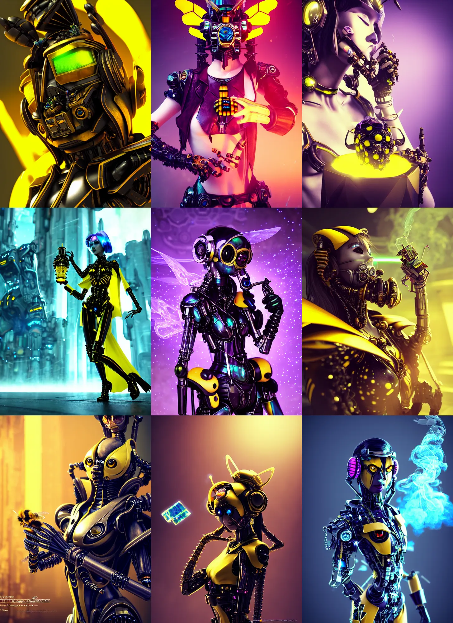 Prompt: postcyberpunk gothic bumblebee edm cyborg, smoking mica bong | exotic jewelry | glamorous oily soft polished rich ornate modern | weta disney pixar movie still photo | hi - fructose, sci fi fantasy, golden ratio, smooth, octane render, sharp focus, artstation, concept art | beeple, rutkowski, feng zhu |