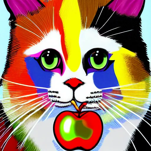 Image similar to a colourful cat eating apple, digital art