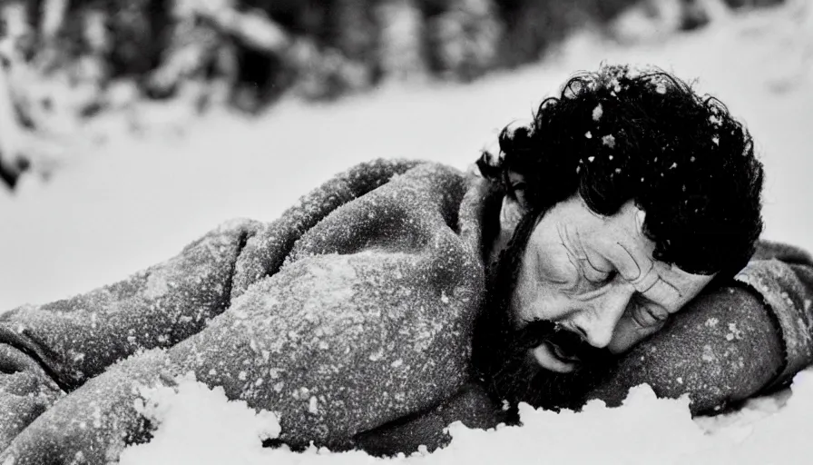 Prompt: 1 9 6 0 s movie still close up of marcus aurelius ill tired frozen to death under the snow by the side of a river with gravel, pine forests, cinestill 8 0 0 t 3 5 mm, high quality, heavy grain, high detail, texture, dramatic light, anamorphic, hyperrealistic, detailed hair, burning sun