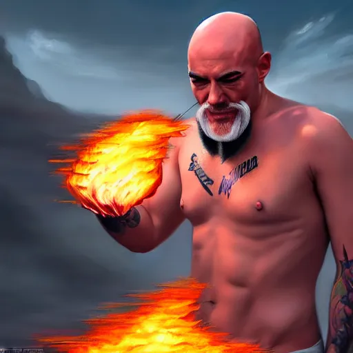 Prompt: bald boxer with chest tattoos with van dyke beard on fire, digital art, cinematic, concept art, 8k, painting, imaginefx, cgsociety, syd mead, trending on artstation, wide shot, full shot