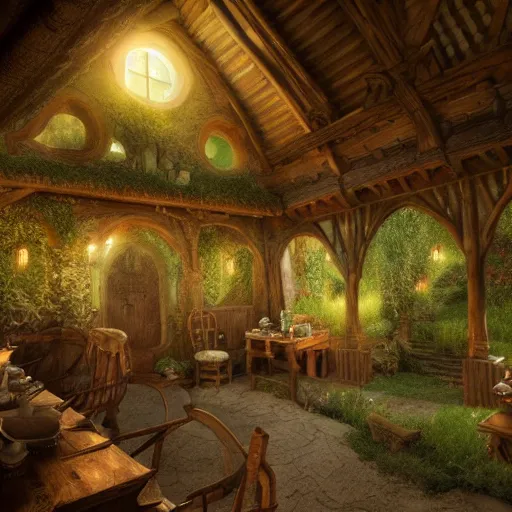 Image similar to Hobbiton house interior in the evening, detailed matte painting, cinematic, Alan Lee, Artstation