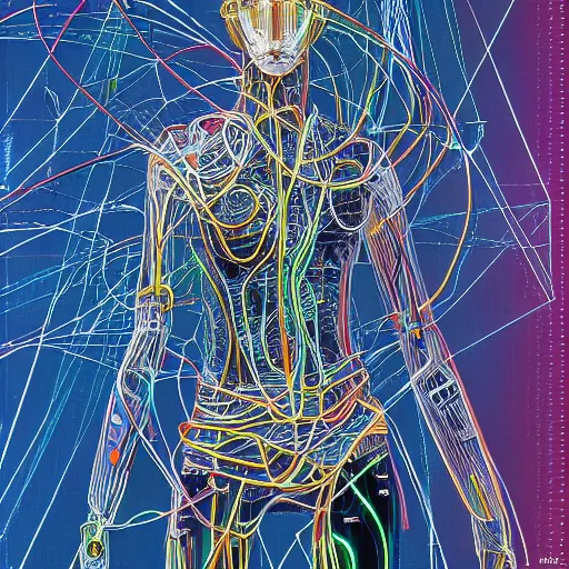 Image similar to a beautiful body of a pilot woman partially made of wires and electronic circuits, an ultrafine detailed illustration by james jean, final fantasy, intricate linework, bright colors, behance contest winner, vanitas, angular, altermodern, unreal engine 5 highly rendered, global illumination, radiant light, detailed and intricate environment