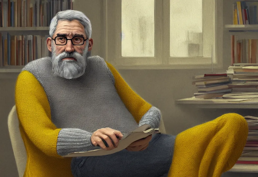 Image similar to Gray bearded professor sits in his study wearing a yellow sweater, hyperrealistic, portrait, concept art, illustration, 8k, artstation, digital painting