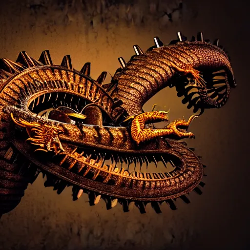 Prompt: an illustration of a dragon built with rusty gears and wires, photorealistic, bokeh, studio lighting