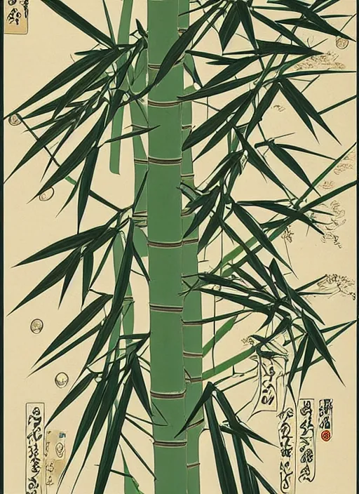 Prompt: fantasy scientific botanical illustration of a giant bamboo that grows like a nervous system, Ukiyo-e, isometric