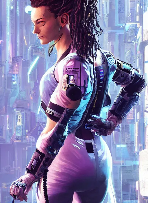 Prompt: maria. apex legends cyberpunk gymnast. concept art by james gurney and mœbius. gorgeous face, cinematic, dramatic lighting ( cyberpunk 2 0 7 7 ), clean aesthetic