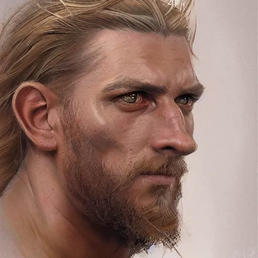 Image similar to a Portrait of an male viking, highly detailed, centered, digital painting, artstation, concept art, donato giancola, Joseph Christian Leyendecker, WLOP, Boris Vallejo, Breathtaking