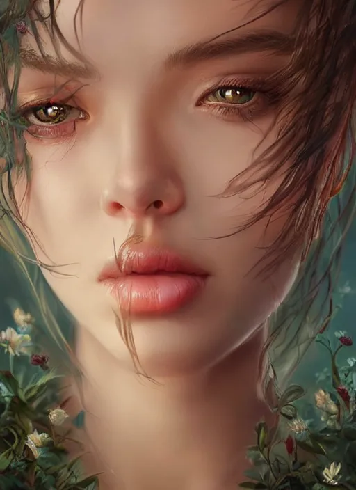 Image similar to beautiful, young eurasian woman, extremely detailed gorgeous face, looks realistic, hyper-detailed portrait, sad eyes tears, vaporwave aesthetic, synthwave, magical, fantasy, flowers, artist Artgerm and Greg Rutkowski and WLOP