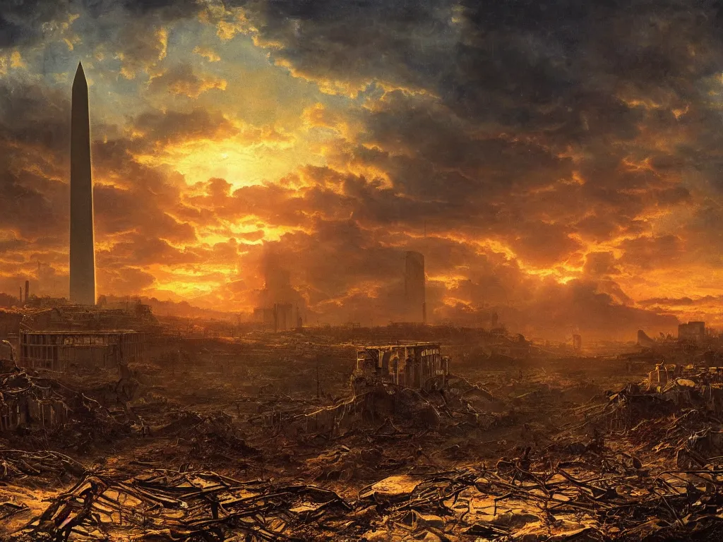 Prompt: a post apocalyptic landscape of washington dc after a nuclear war, washington monument in partial ruins, beautiful radioactive sunset lighting, beautiful painting, fallout 3, painted by albert bierstadt