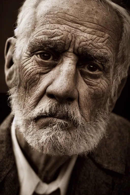 Prompt: a portrait of an old man with a solemn look and deep expression in his eyes, oil on canvas, highly detailed, strong lighting, cinematic, HD, 4K