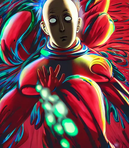 Image similar to Tim Burtons style One Punch Man by Alex Pardee and Nekro and Petros Afshar, and James McDermott,unstirred paint, vivid color, cgsociety 4K