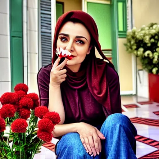 Prompt: a beautiful portrait of the turkish actress rabia soyturk, duy beni serial, sitting on the porch holding a flower, in front of the house